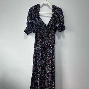 ASOS Black Floral Smocked Empire Waist Midi Dress with Puff Sleeves